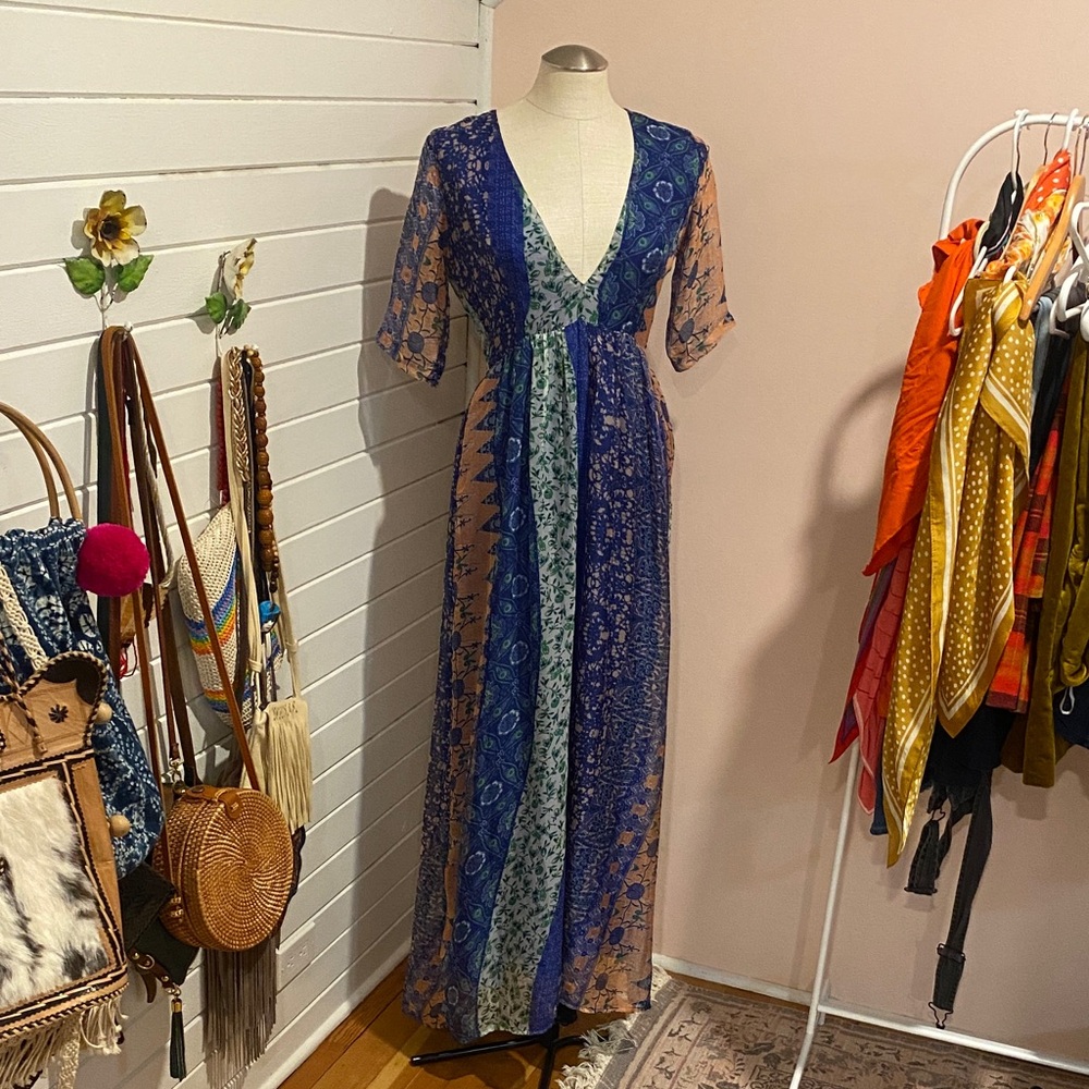 Blue, Tan Floral Maxi Dress, Sheer, Lined, Size 4